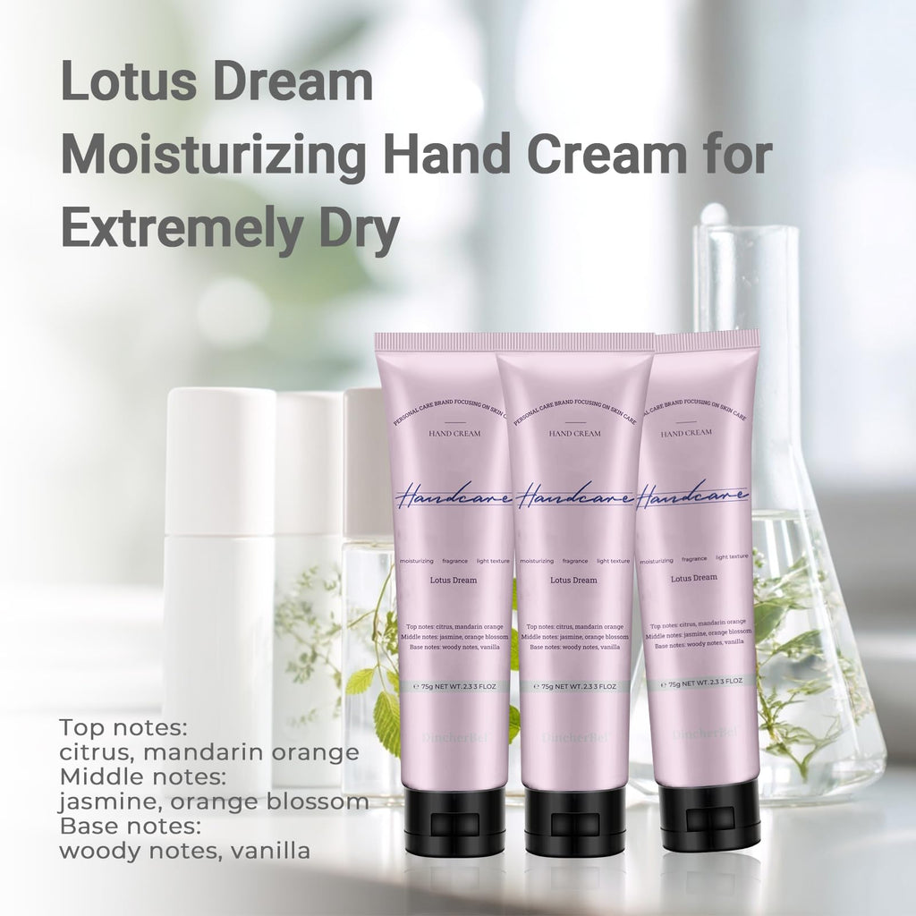 DincherBel Lotus Dream Hand Cream Gift Set – 3×75ml Travel-Size Tubes for Dry Hands