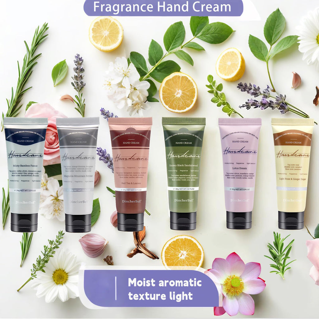 DincherBel 6 Pack Travel Size Hand Cream Set – 1oz Moisturizing Lotion, Rose & Ginger Sugar Scent