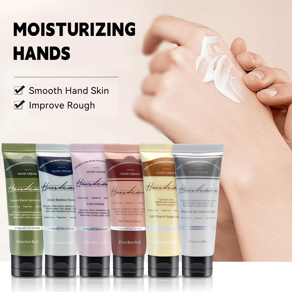 DincherBel 6 Pack Travel Size Hand Cream Set – 1oz Moisturizing Lotion, Rose & Ginger Sugar Scent
