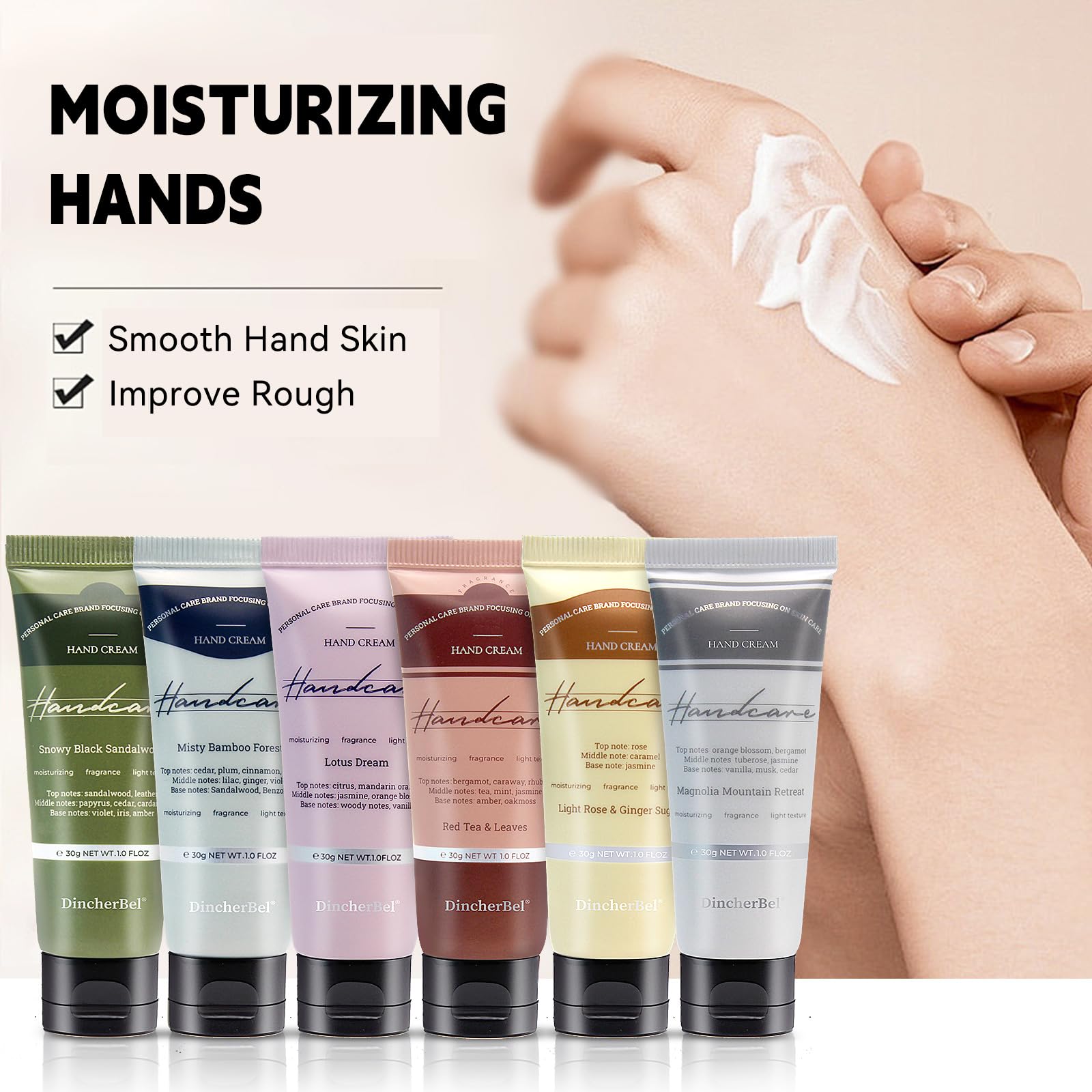 DincherBel 6 Pack Travel Size Hand Cream Set – 1oz Moisturizing Lotion, Rose & Ginger Sugar Scent