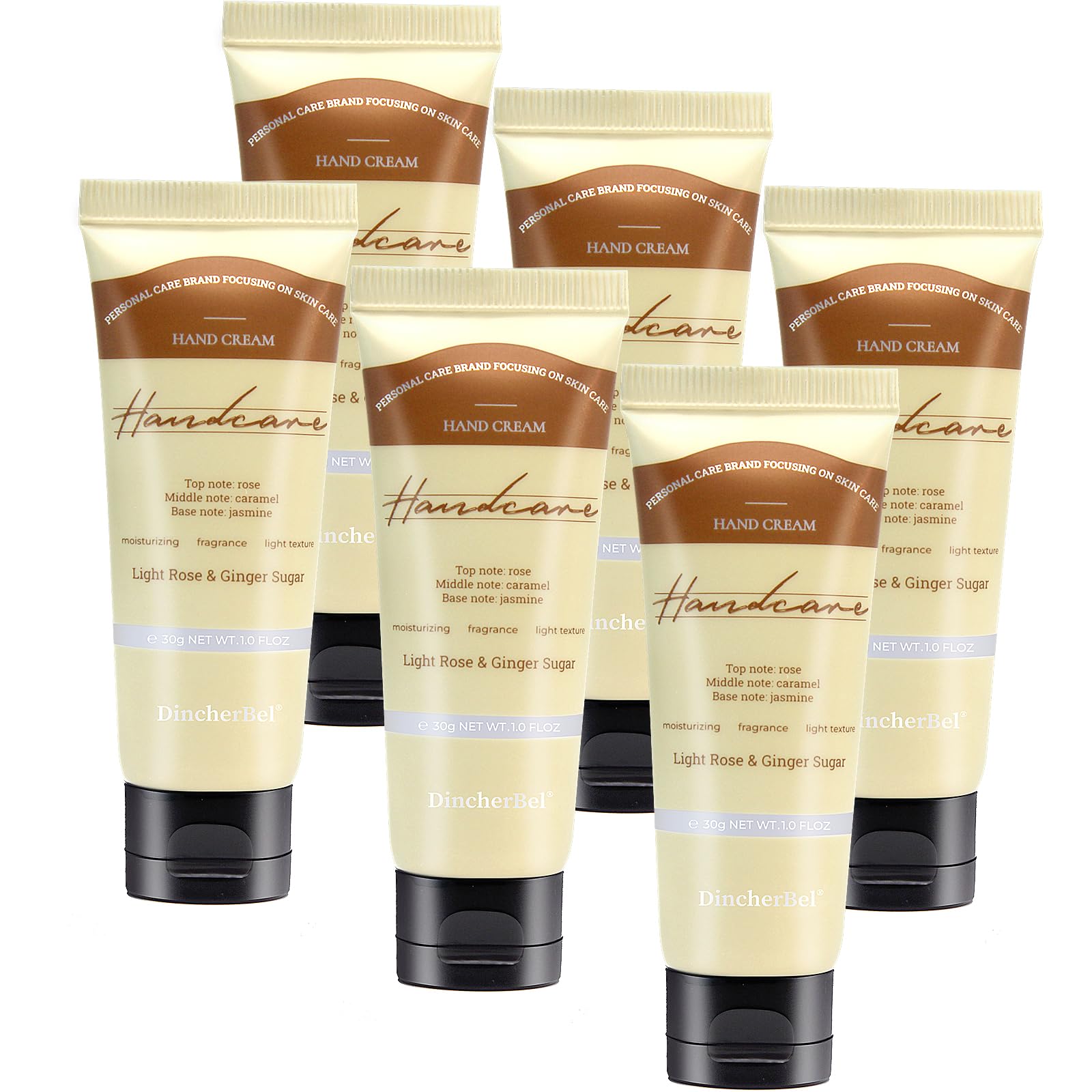 DincherBel 6 Pack Travel Size Hand Cream Set – 1oz Moisturizing Lotion, Rose & Ginger Sugar Scent