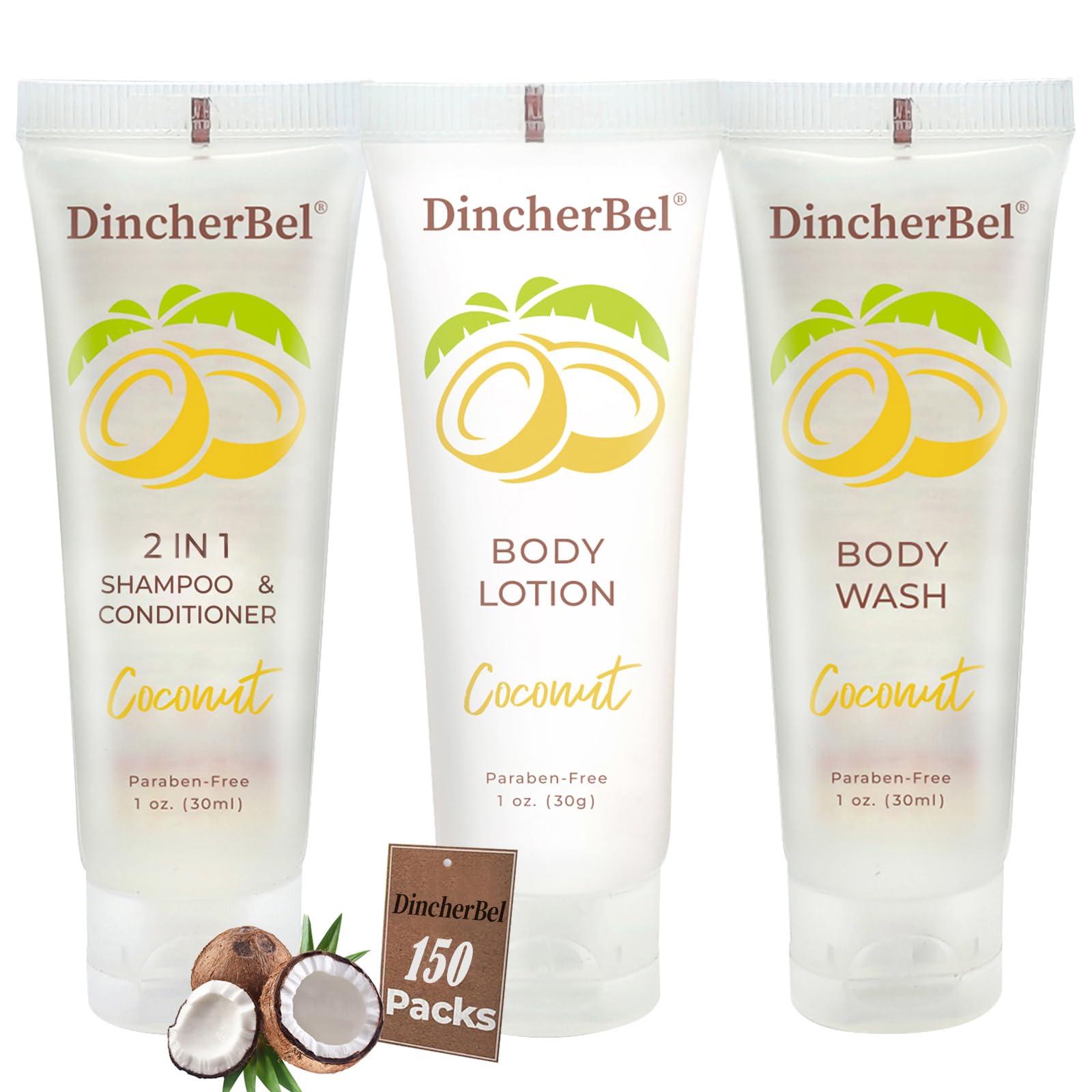 DincherBel Travel Size Toiletries Kit – 1oz Coconut 3-Piece Hotel Amenities (Shampoo/Conditioner 2-in-1, Body Wash, Body Lotion)