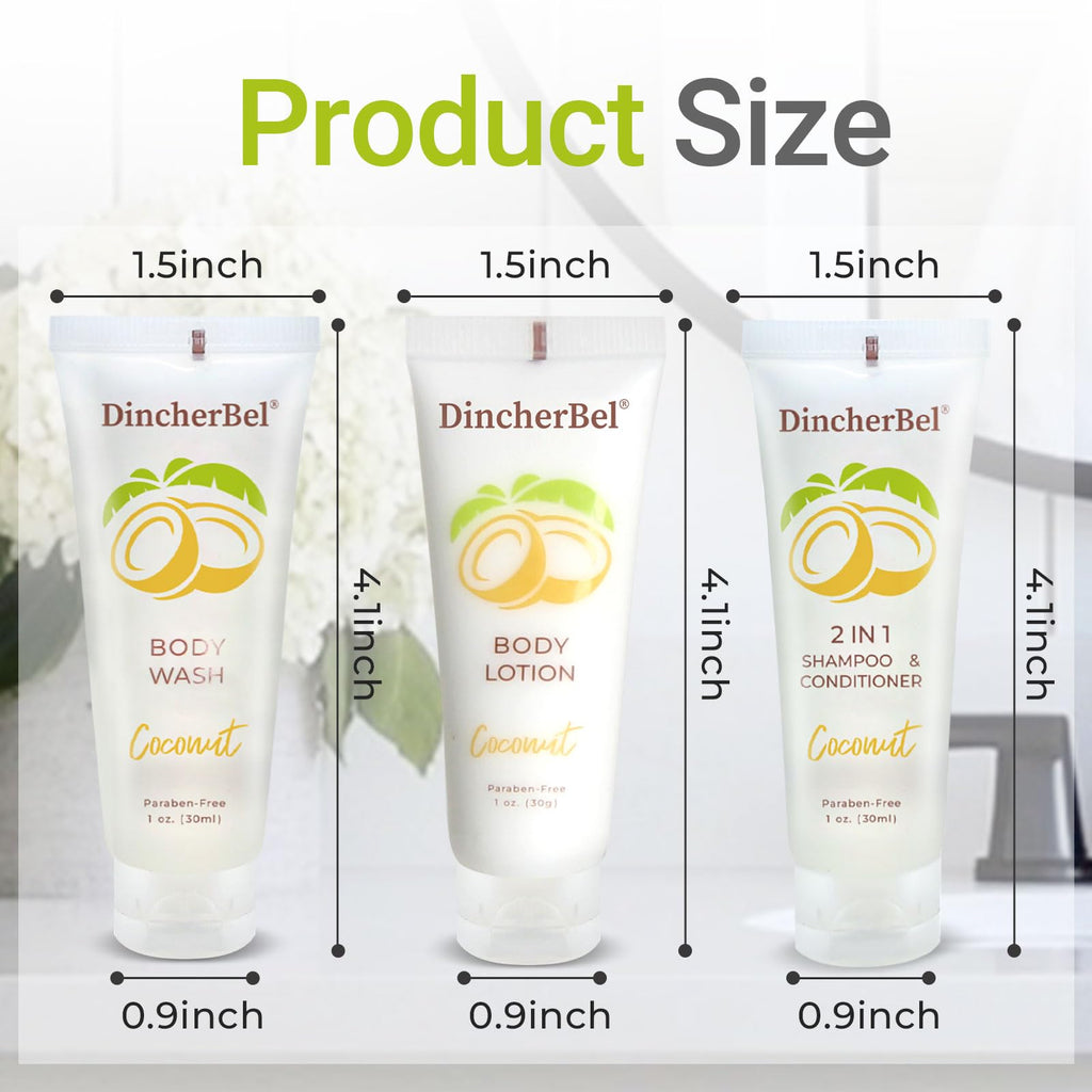 DincherBel Travel Size Toiletries Kit – 1oz Coconut 3-Piece Hotel Amenities (Shampoo/Conditioner 2-in-1, Body Wash, Body Lotion)