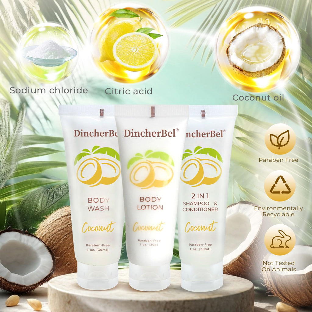 DincherBel Travel Size Toiletries Kit – 1oz Coconut 3-Piece Hotel Amenities (Shampoo/Conditioner 2-in-1, Body Wash, Body Lotion)
