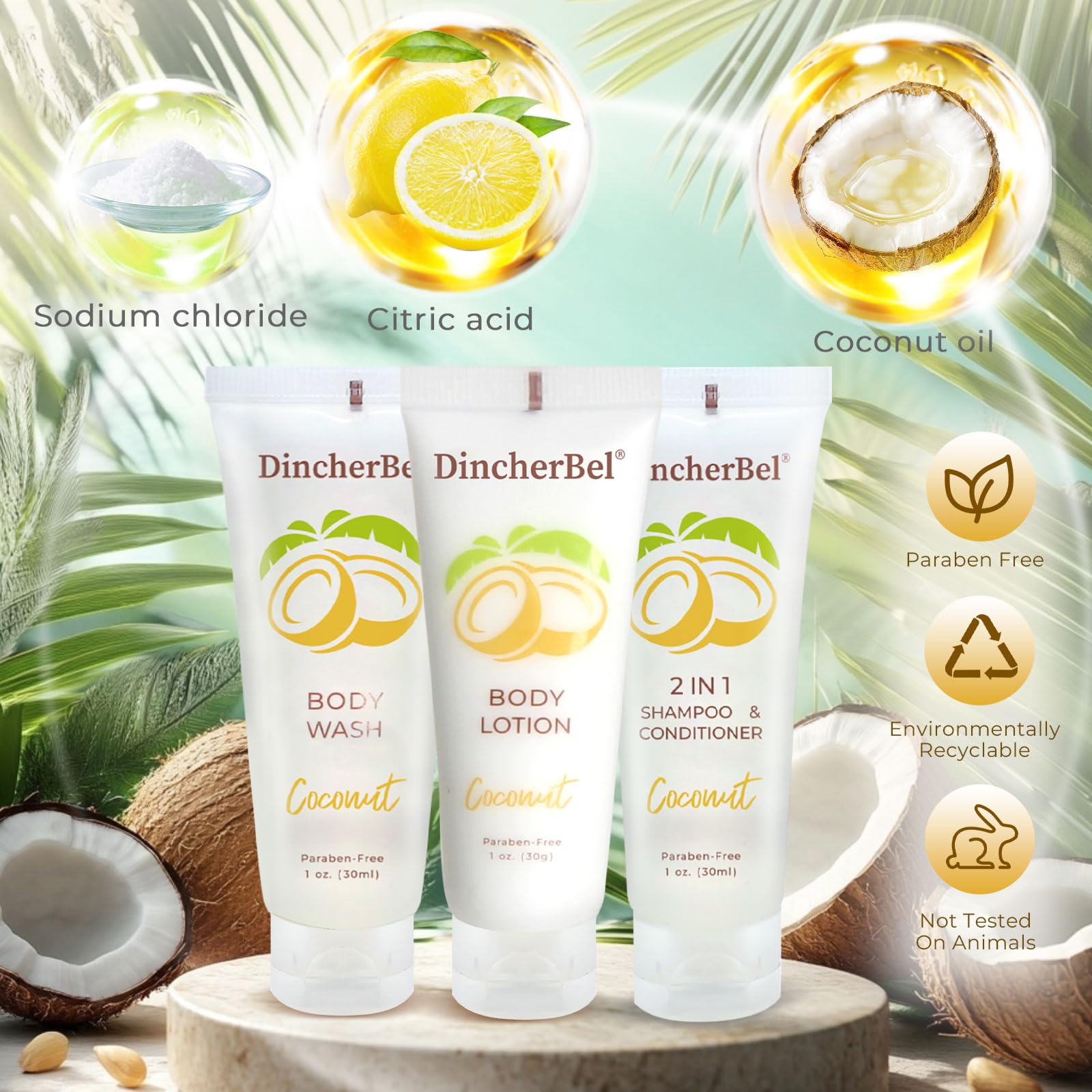 DincherBel Travel Size Toiletries Kit – 1oz Coconut 3-Piece Hotel Amenities (Shampoo/Conditioner 2-in-1, Body Wash, Body Lotion)