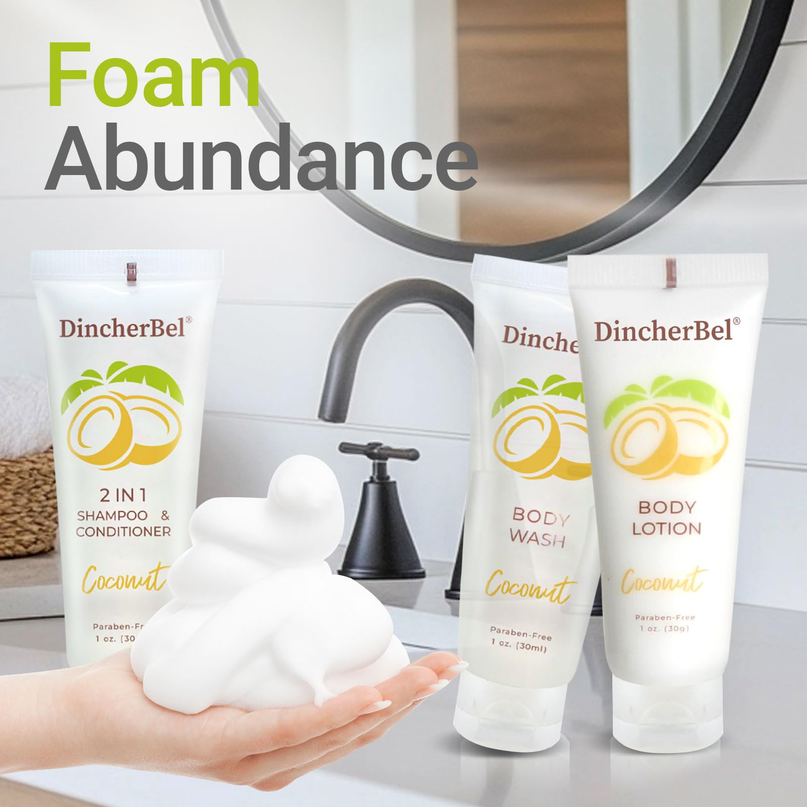 DincherBel Travel Size Toiletries Kit – 1oz Coconut 3-Piece Hotel Amenities (Shampoo/Conditioner 2-in-1, Body Wash, Body Lotion)