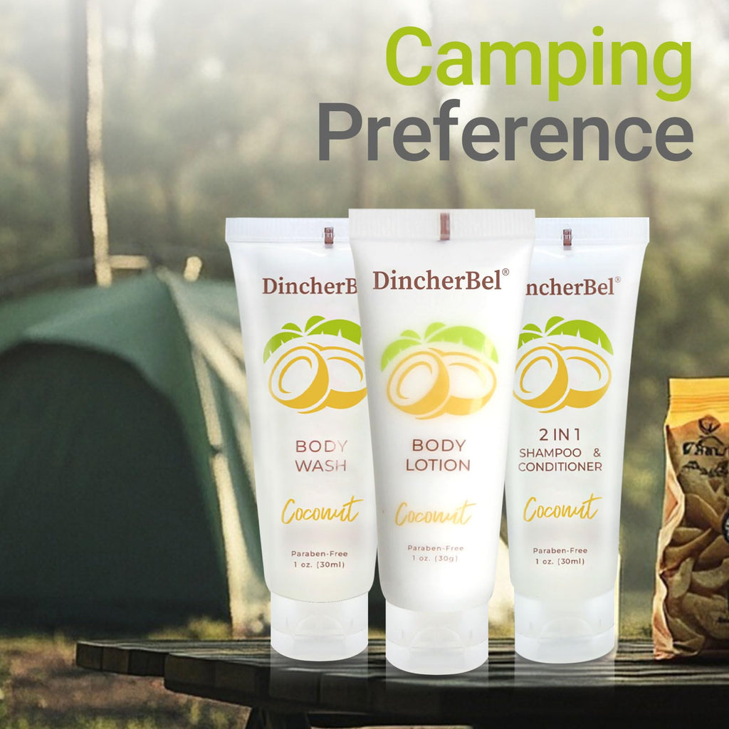 DincherBel Travel Size Toiletries Kit – 1oz Coconut 3-Piece Hotel Amenities (Shampoo/Conditioner 2-in-1, Body Wash, Body Lotion)