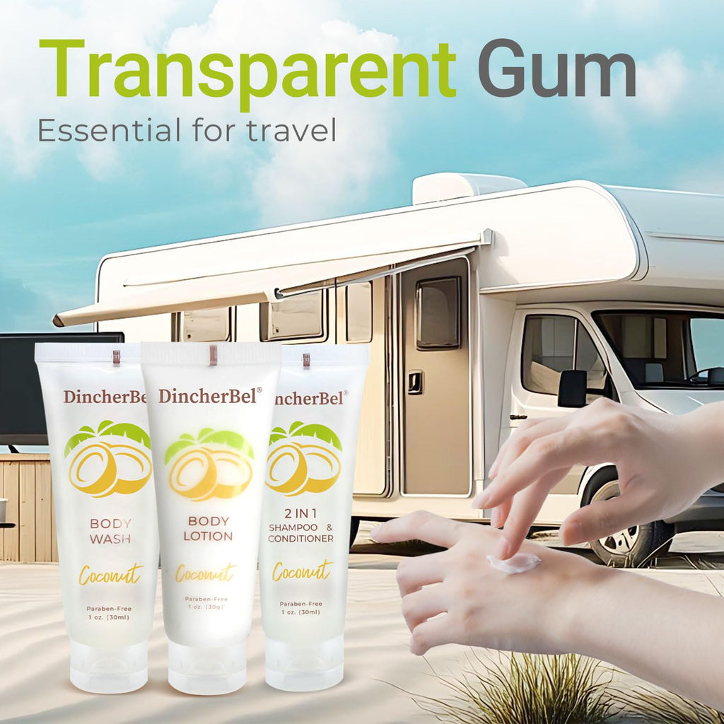 DincherBel Travel Size Toiletries Kit – 1oz Coconut 3-Piece Hotel Amenities (Shampoo/Conditioner 2-in-1, Body Wash, Body Lotion)