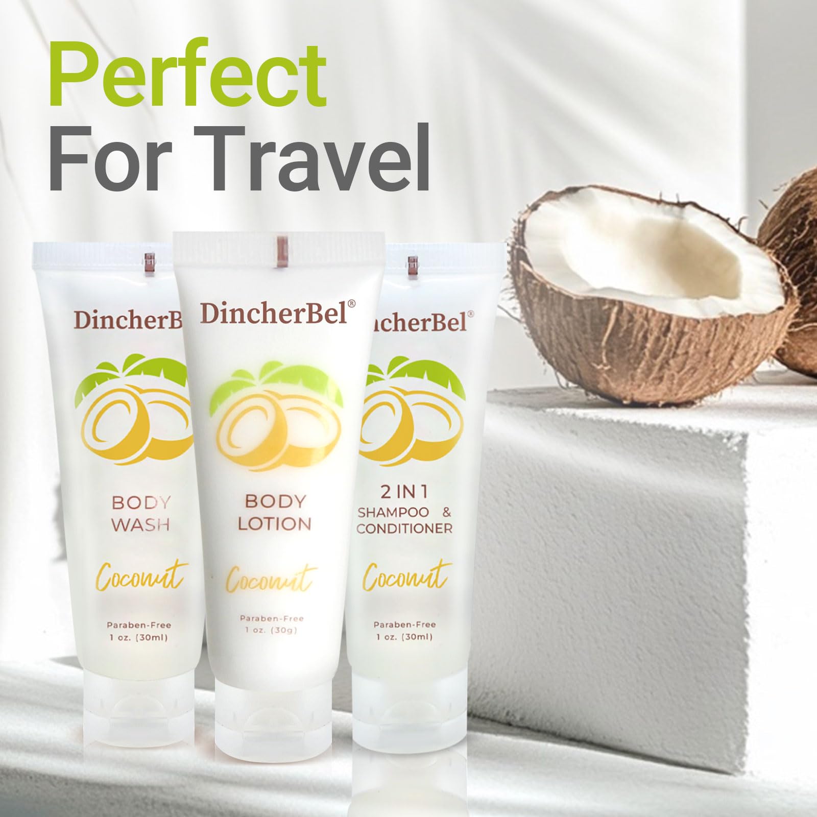 DincherBel Travel Size Toiletries Kit – 1oz Coconut 3-Piece Hotel Amenities (Shampoo/Conditioner 2-in-1, Body Wash, Body Lotion)