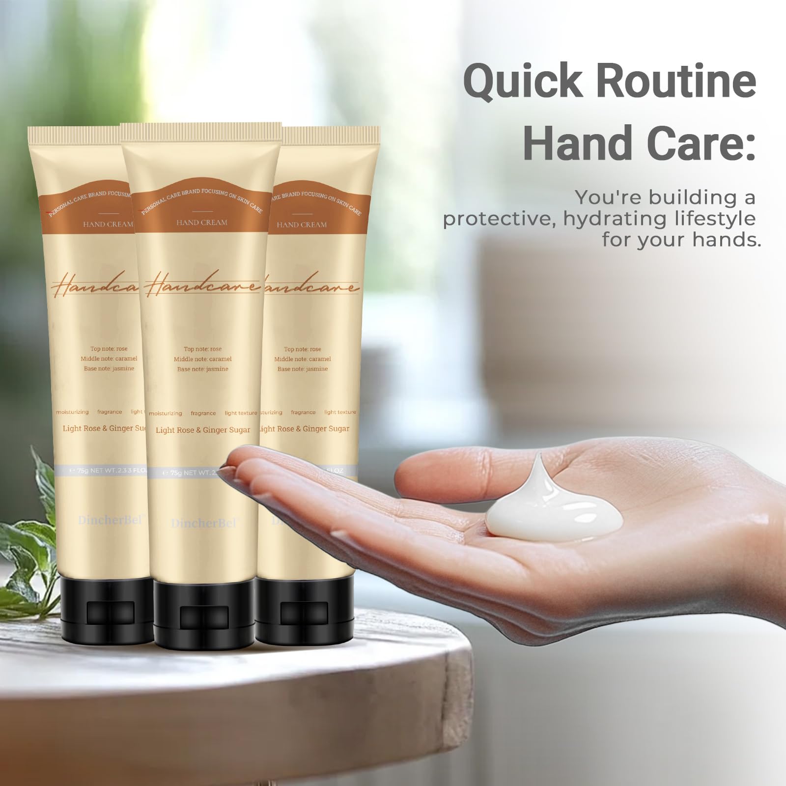 DincherBel 3-Pack Refreshing Hand Cream – Niacinamide (Vitamin B3) + Vitamin C, Light Rose & Ginger Sugar Scent, 2.33 oz Each