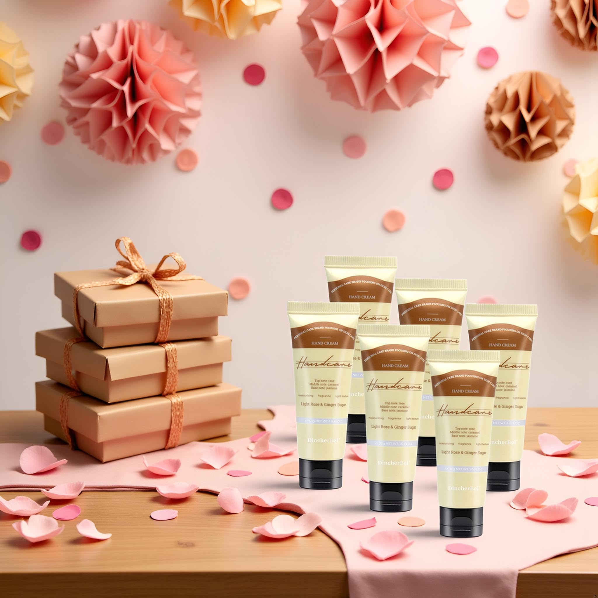 DincherBel 6 Pack Travel Size Hand Cream Set – 1oz Moisturizing Lotion, Rose & Ginger Sugar Scent
