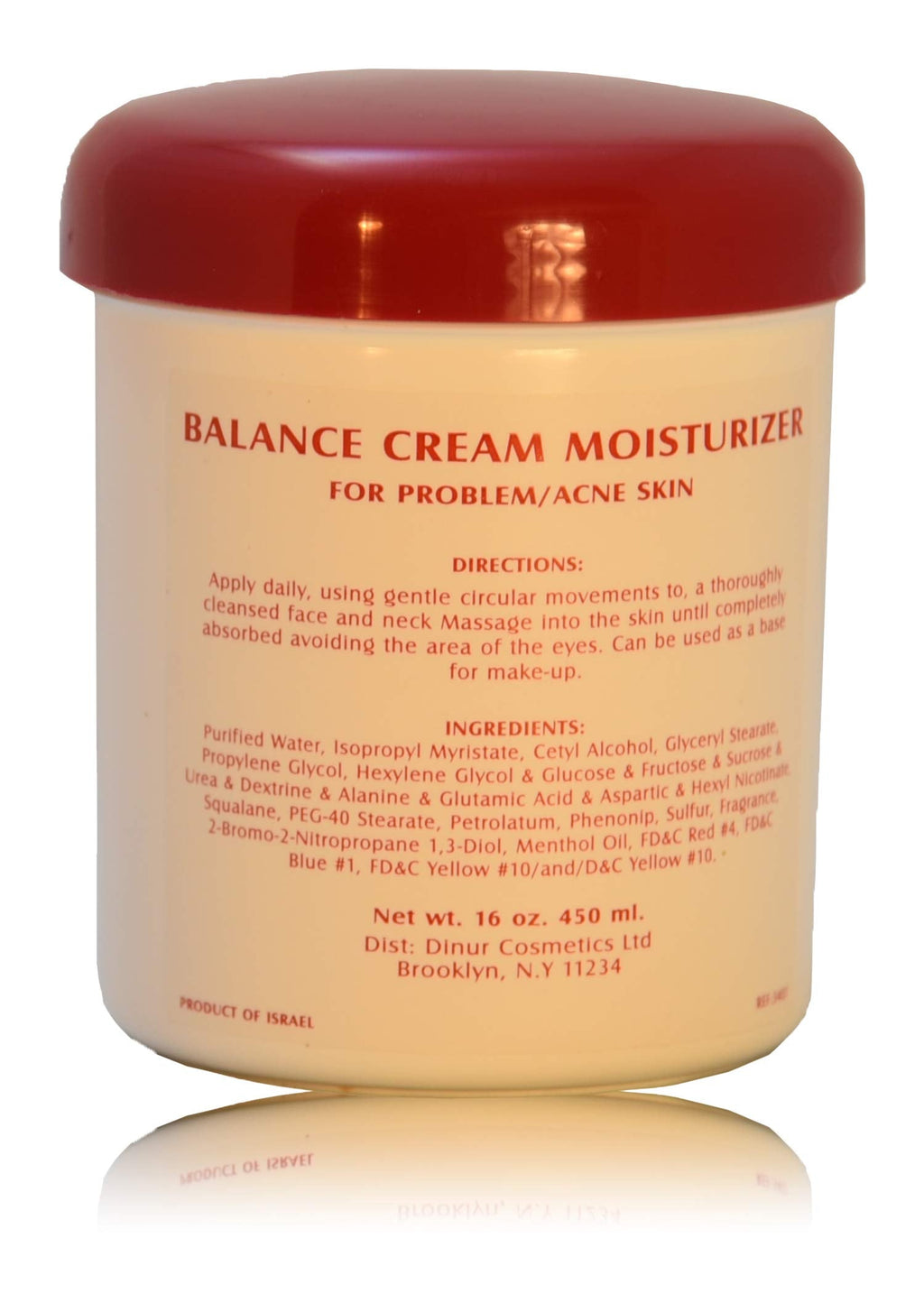 Dinur Cosmetics Balance Cream Moisturizer for Oily Skin – Unclogs Pores, Hydrates, Glow (16 oz / 450 ml)