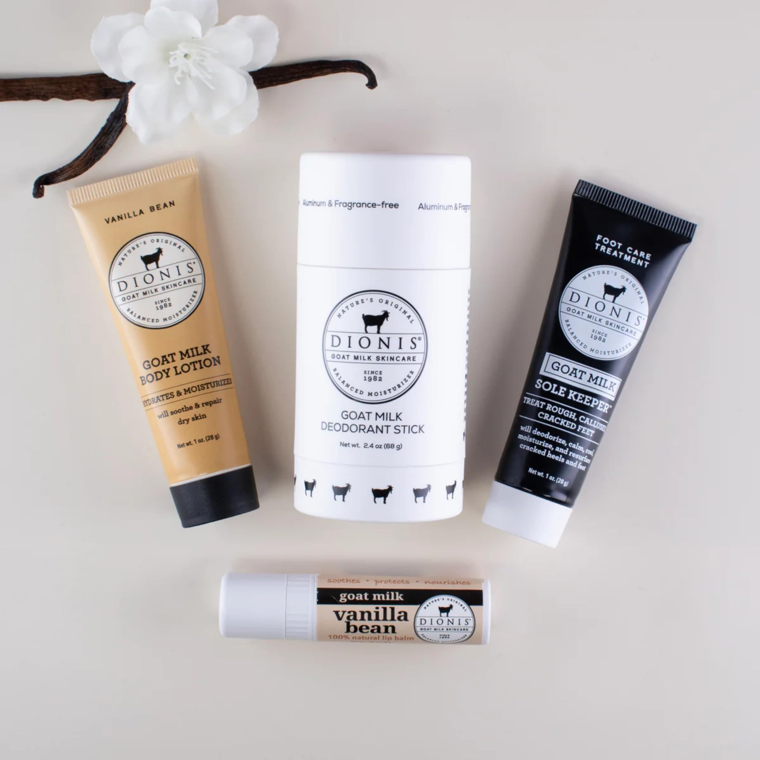 Dionis Goat Milk Vanilla Bean Core Body Care Bundle – Travel Size Lip Balm, Foot Cream, Lotion & Aluminum-Free Deodorant