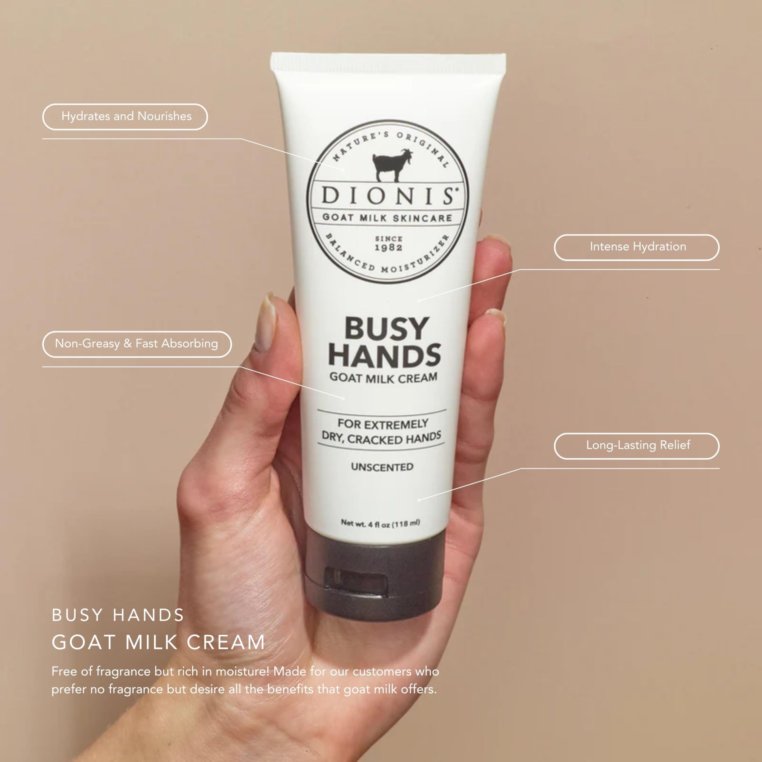 Dionis Busy Hands Goat Milk Cream – Fragrance Free, Cruelty Free, 4oz