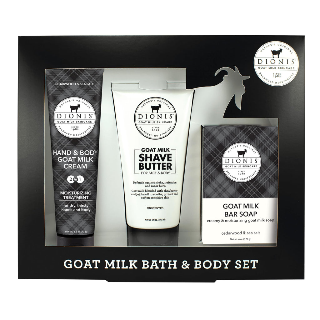 Dionis Cedarwood & Sea Salt Goat Milk 3pc Gift Set | Shave Butter, Lotion & Bar Soap