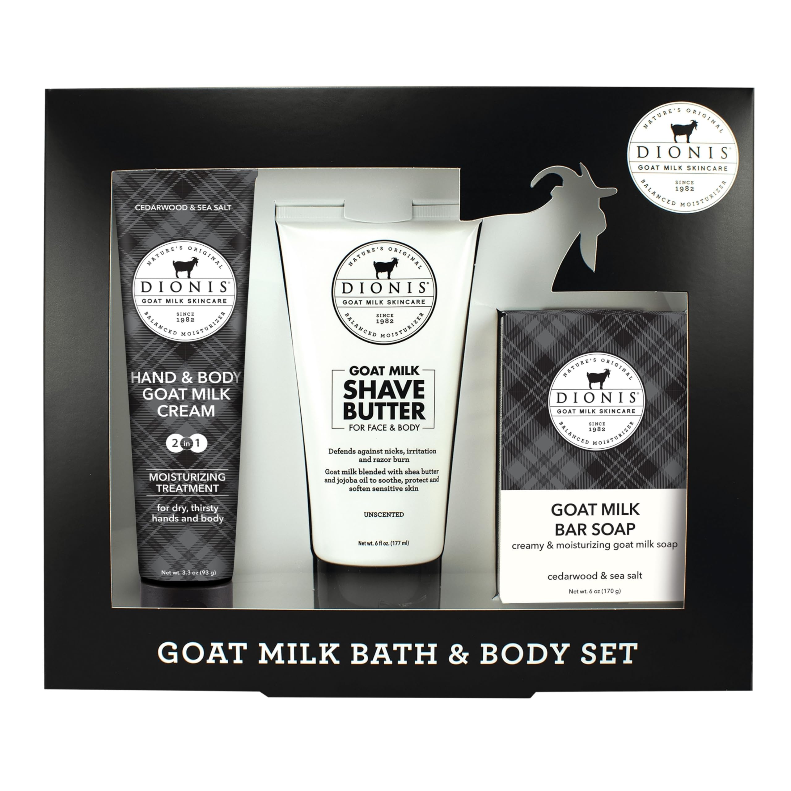 Dionis Cedarwood & Sea Salt Goat Milk 3pc Gift Set | Shave Butter, Lotion & Bar Soap