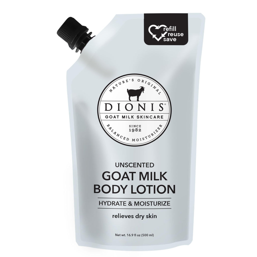 Dionis Goat Milk Body Lotion – 16.9 oz Refill Pouch, Fragrance-Free & Cruelty-Free