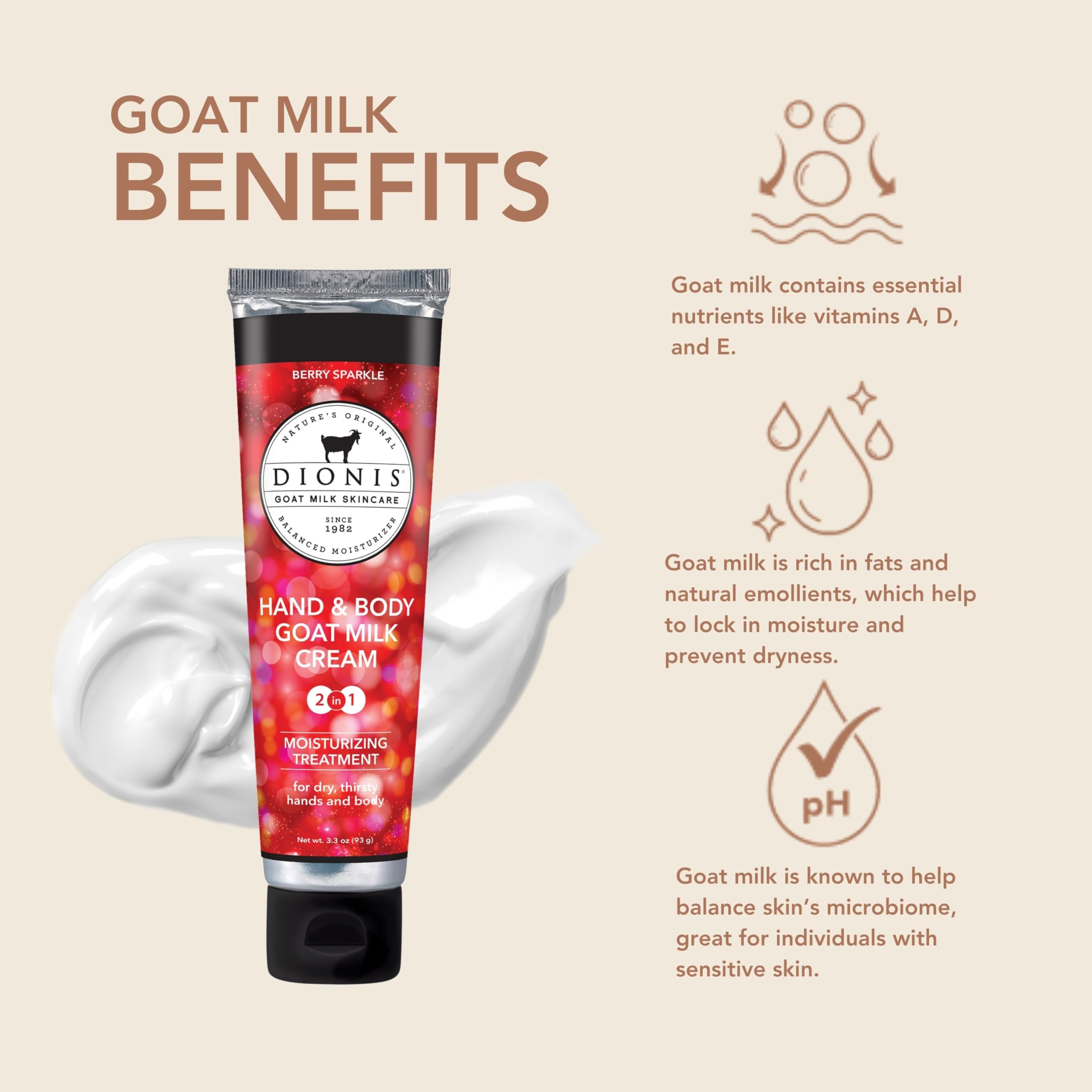 Dionis Goat Milk Hand & Body Cream Berry Sparkle 3.3oz | Hydrating, Non-Greasy