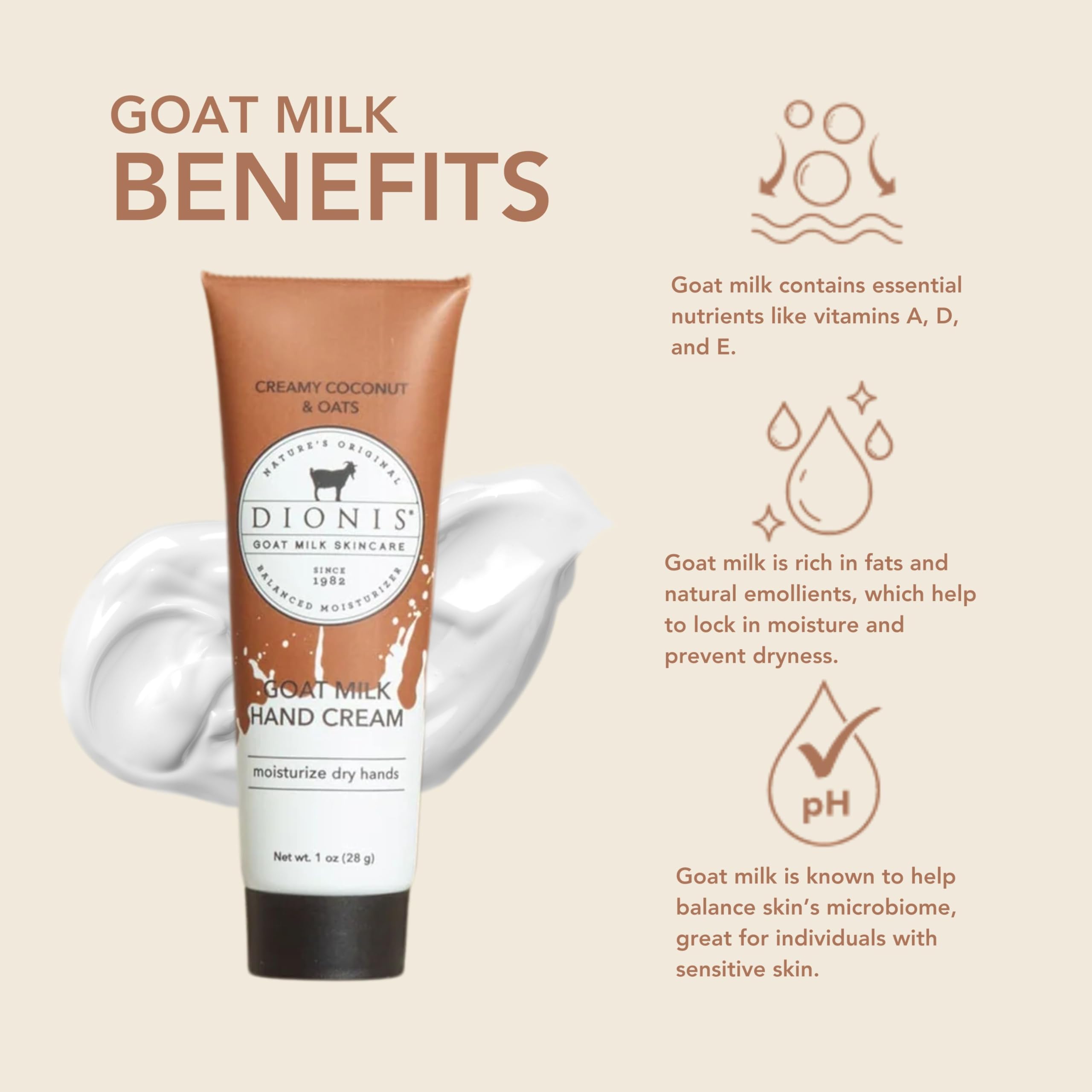 Dionis Goat Milk Hand Cream – Creamy Coconut & Oats (1oz, Pack of 6)