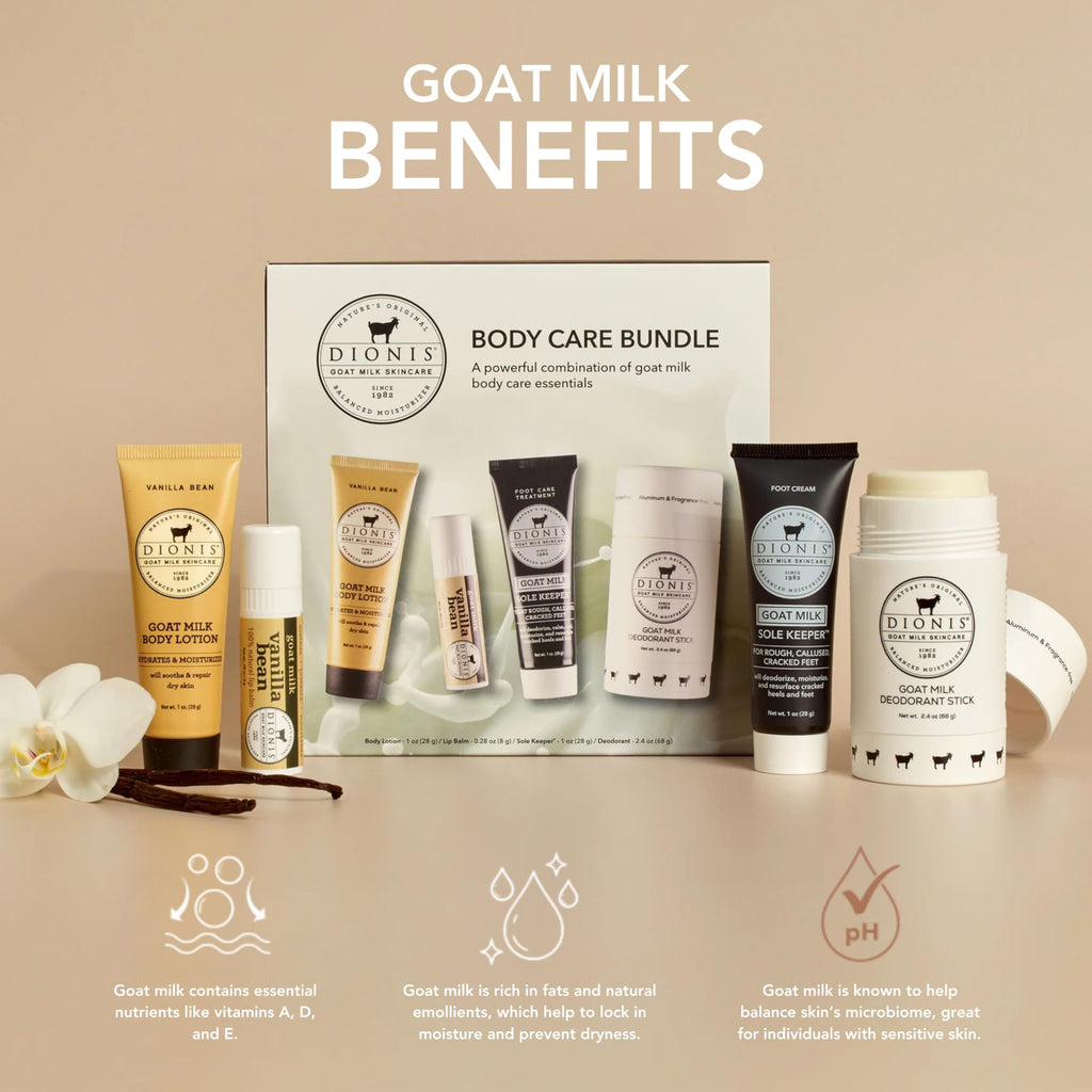 Dionis Goat Milk Vanilla Bean Core Body Care Bundle – Travel Size Lip Balm, Foot Cream, Lotion & Aluminum-Free Deodorant