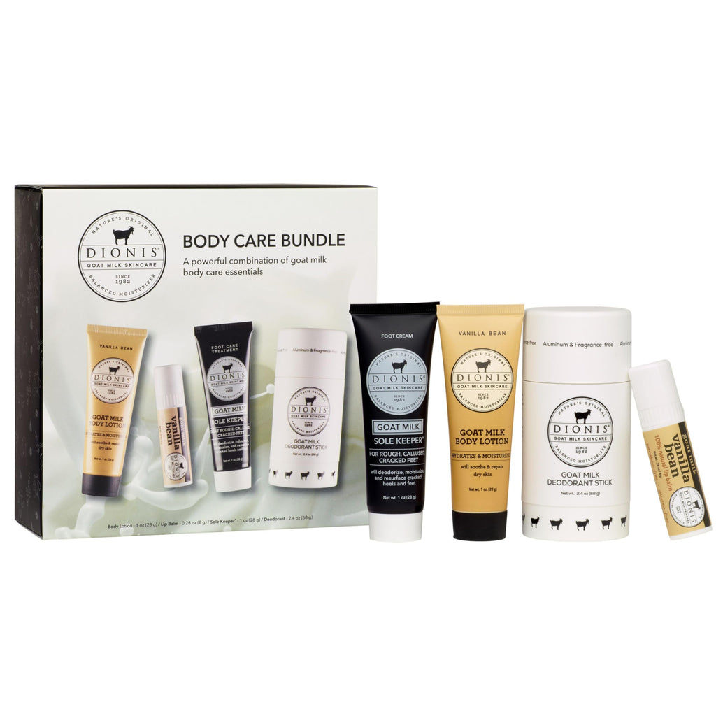 Dionis Goat Milk Vanilla Bean Core Body Care Bundle – Travel Size Lip Balm, Foot Cream, Lotion & Aluminum-Free Deodorant