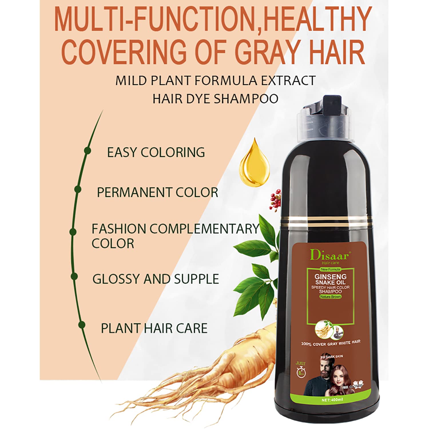 DISAAR Beauty Speedy Hair Color Shampoo – 100% Gray Coverage, Natural Brown, 400 ml