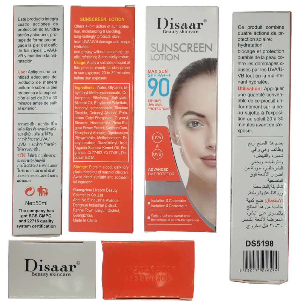 DISAAR Beauty Sunscreen Lotion SPF 90 PA+++ Waterproof Sweatproof 50ml (1.69 fl oz) Pack of 2