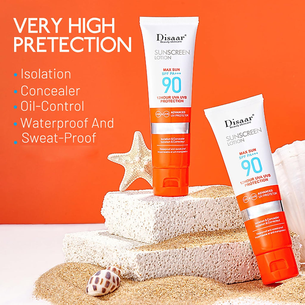 DISAAR Beauty Sunscreen Lotion SPF 90 PA+++ Waterproof Sweatproof 50ml (1.69 fl oz) Pack of 2