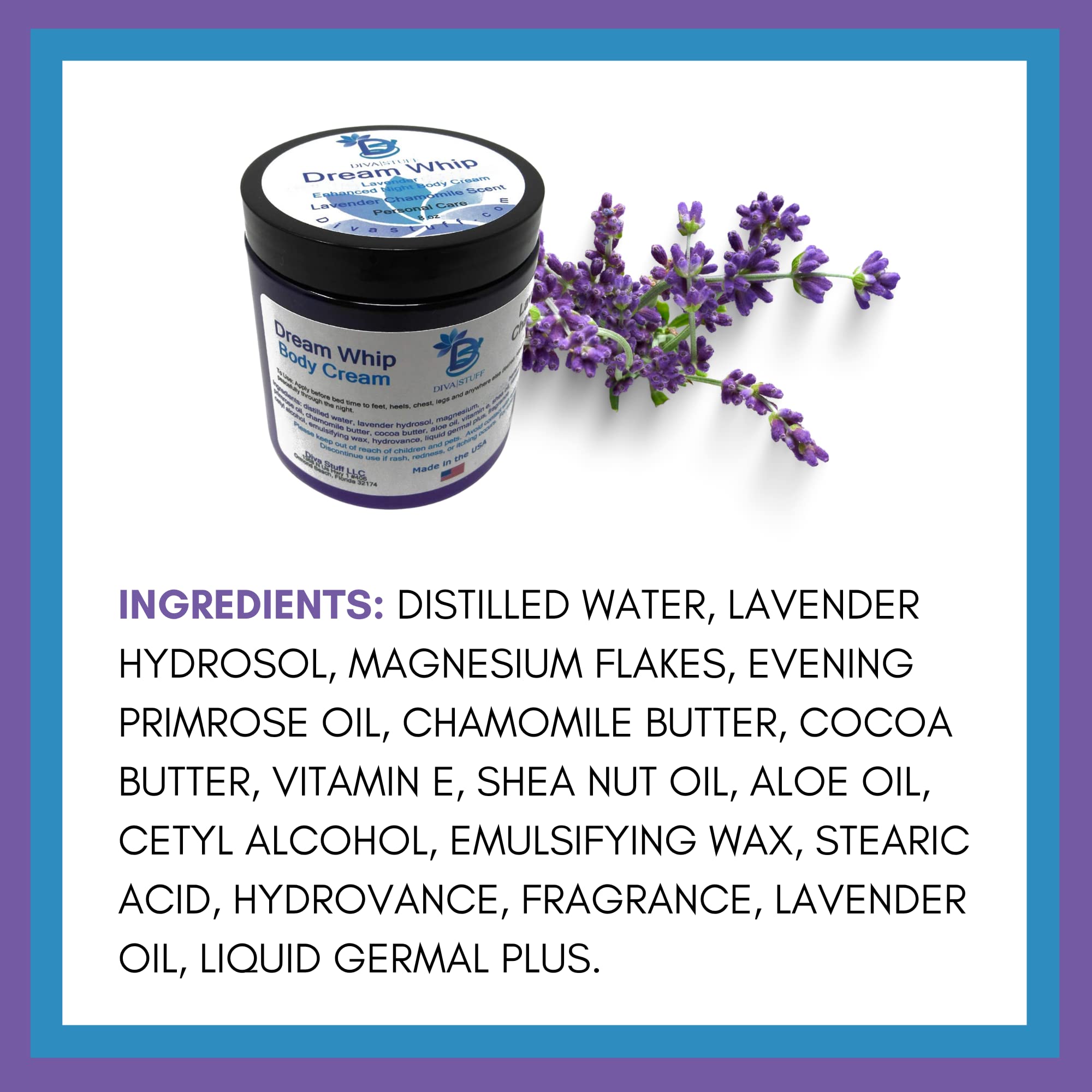 Dream Whip Magnesium & Hemp Night Cream by Diva Stuff – Lavender Chamomile, 8 oz, Made in USA