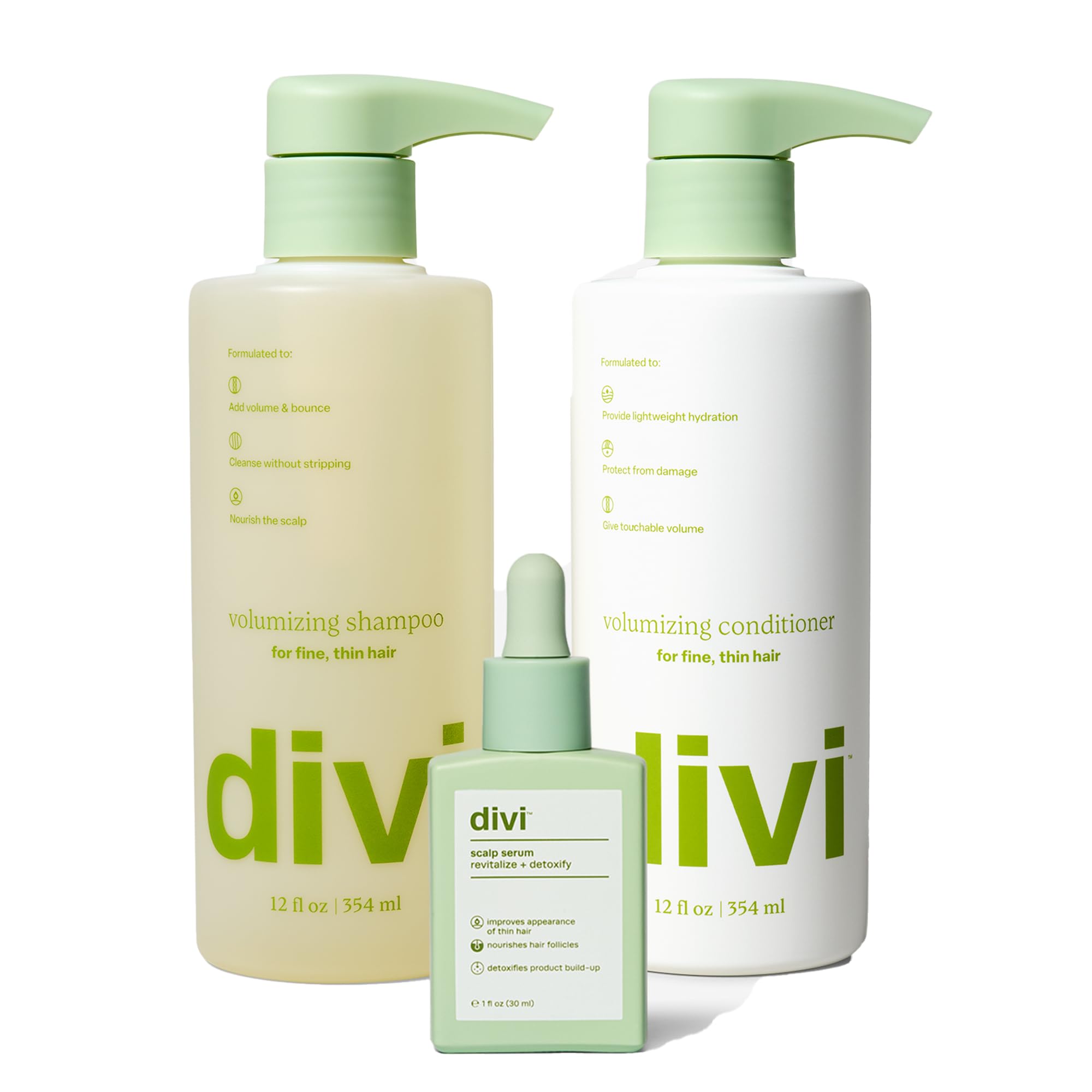 Divi Volumizing Starter Bundle – Shampoo, Conditioner & Scalp Serum for Fine & Thinning Hair | Lightweight Hair Care 3-Piece Set