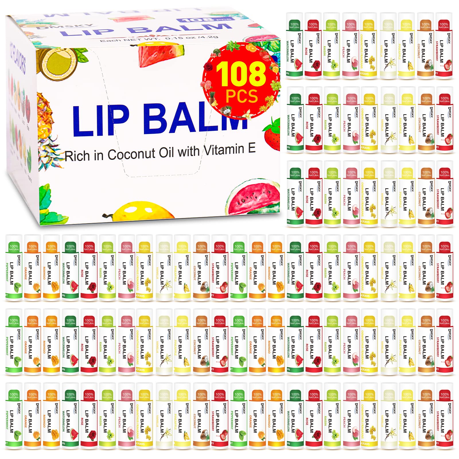 DMSKY 108-Pack Lip Balm – 12 Flavors with Vitamin E & Coconut Oil