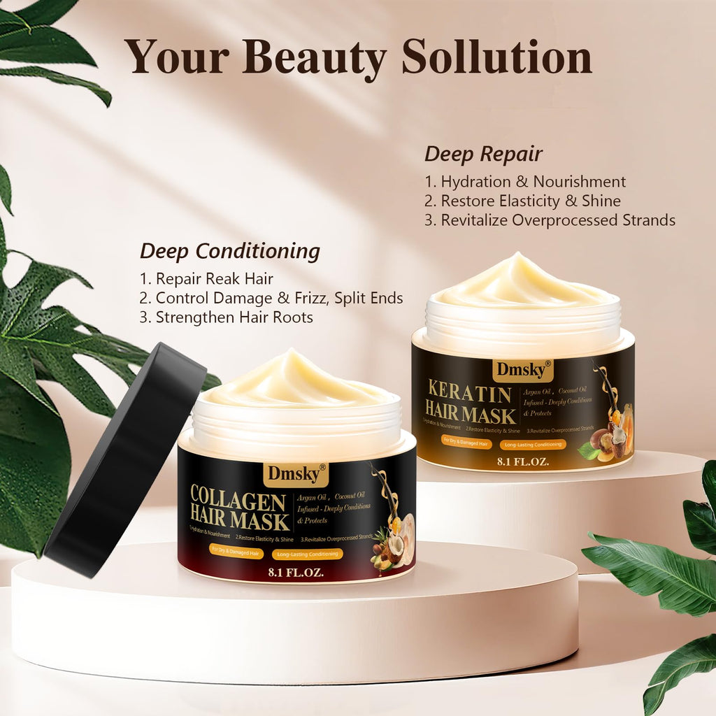 Dmsky 2 Pack Hair Mask for Damaged Hair | Keratin & Collagen Deep Conditioning (16.2 oz each)