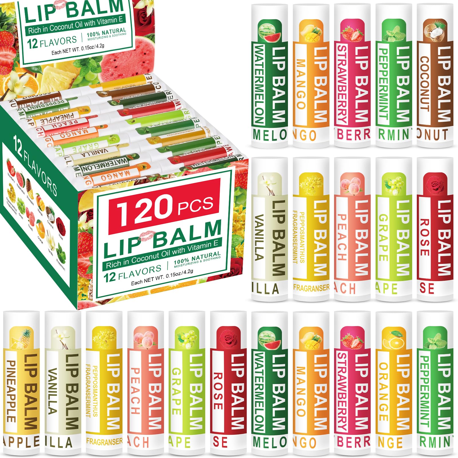 DMSKY Lip Balm Bulk Pack — 120-Count, 12 Flavors, Vitamin E & Coconut Oil