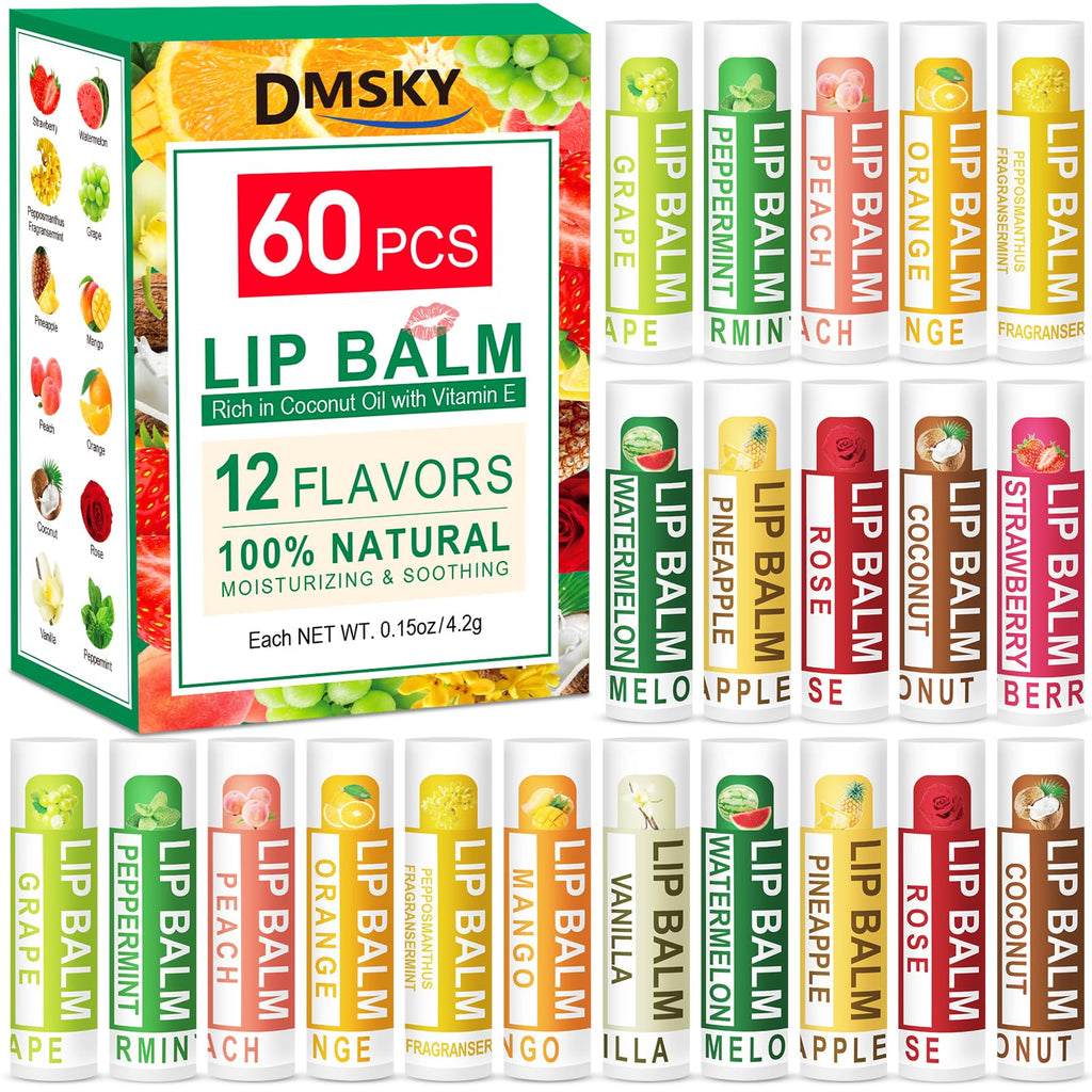 Dmsky 60 Pack Lip Balm – Natural Moisturizing Lip Balms with Vitamin E & Coconut Oil, 12 Flavors