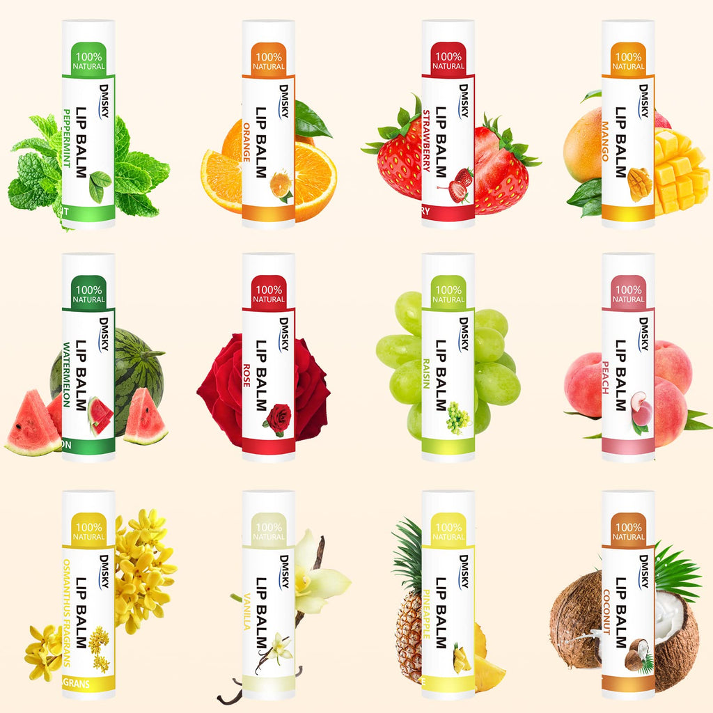 DMSKY 108-Pack Lip Balm – 12 Flavors with Vitamin E & Coconut Oil