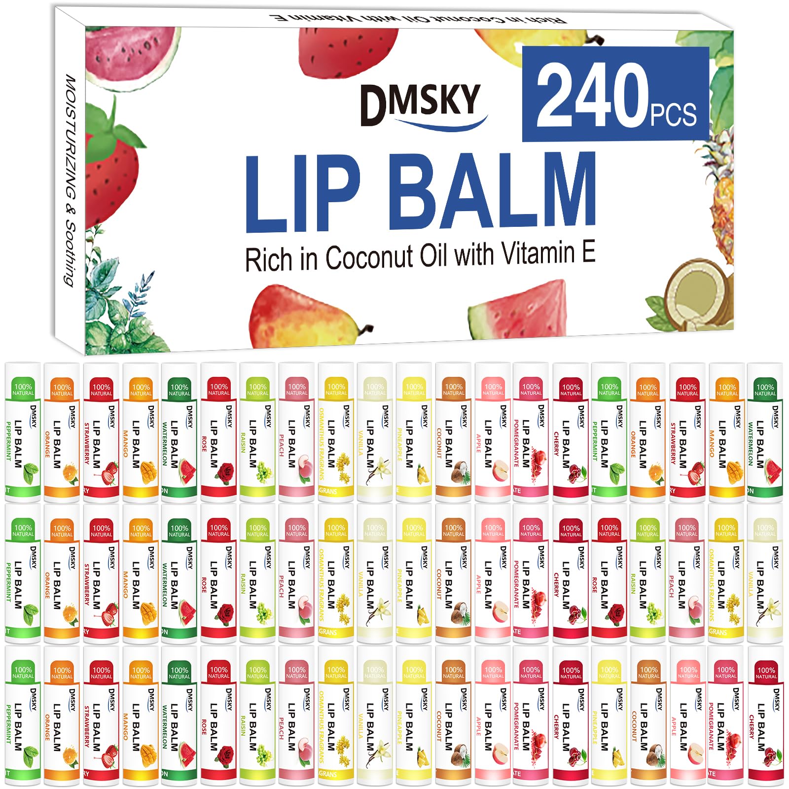 DMSKY 240 Pack Lip Balm – 15 Flavors, Vitamin E & Coconut Oil | Bulk Lip Balms