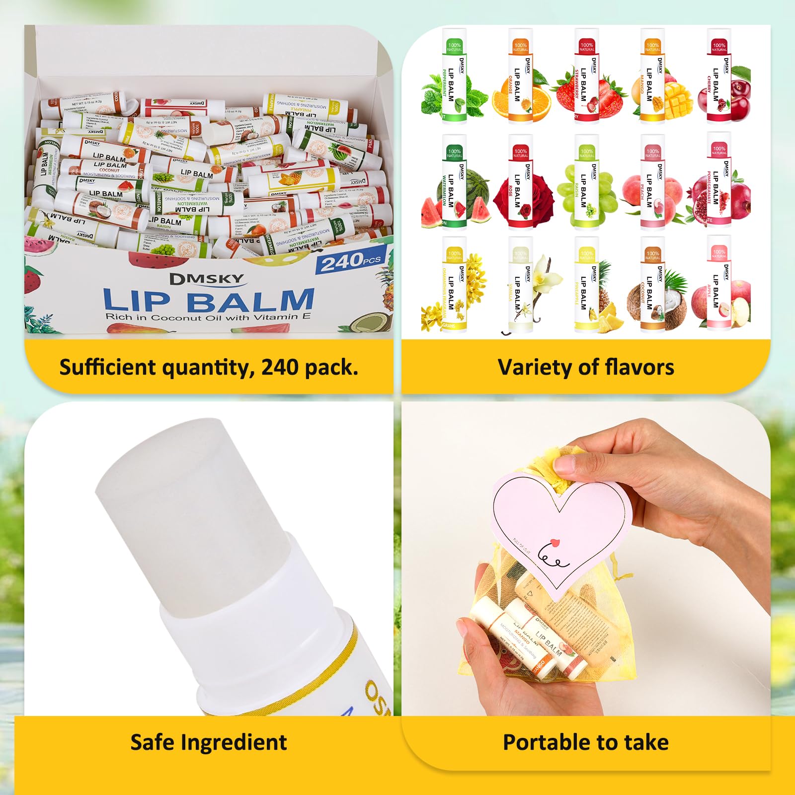 DMSKY 240 Pack Lip Balm – 15 Flavors, Vitamin E & Coconut Oil | Bulk Lip Balms