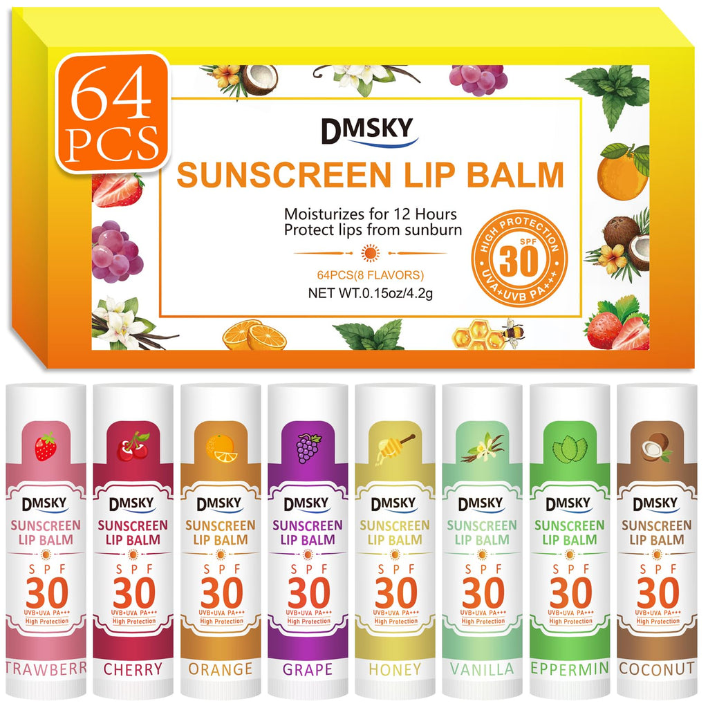 Dmsky SPF Lip Balm Bulk 64 Pack – SPF 30 Lip Sunscreen, Broad Spectrum UVA/UVB