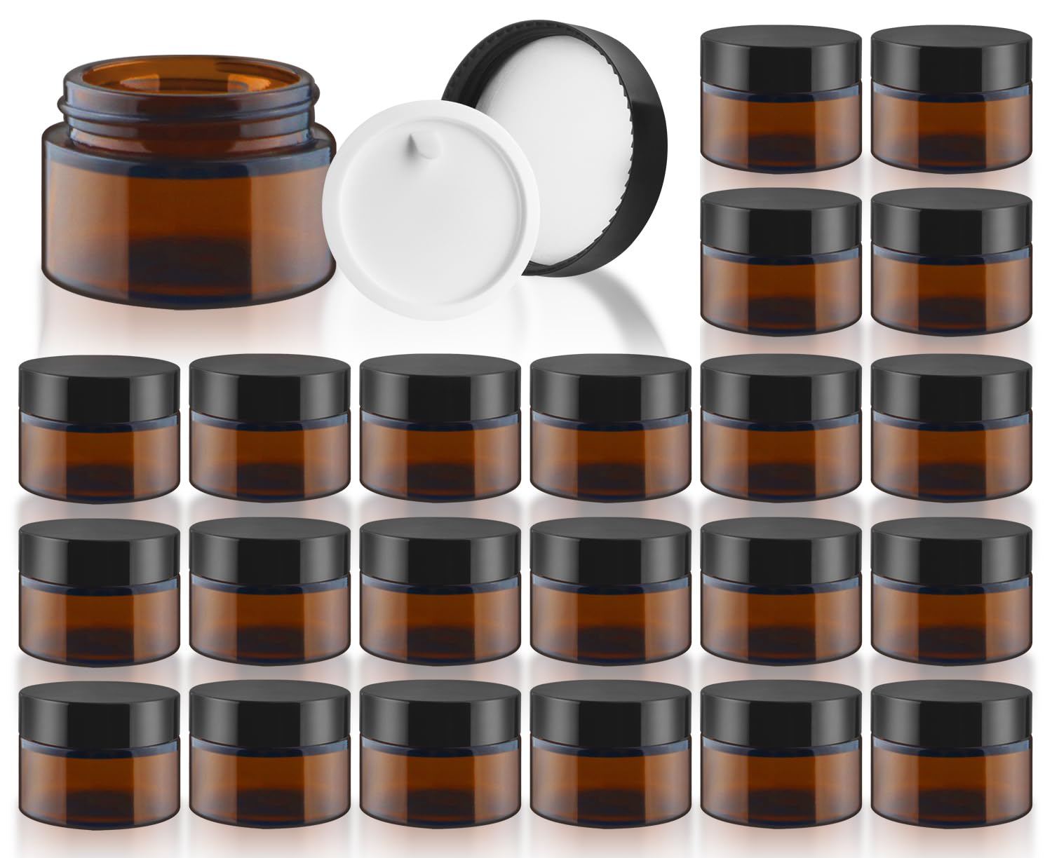 DMuuuDM 1oz Amber Glass Jars with Black Lids – 24 Pack for Creams & Lotions
