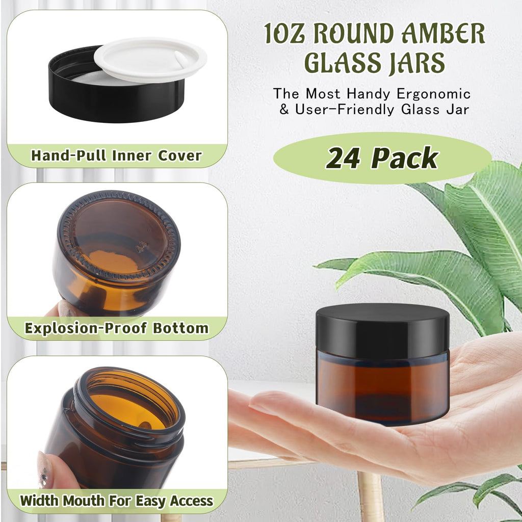 DMuuuDM 1oz Amber Glass Jars with Black Lids – 24 Pack for Creams & Lotions