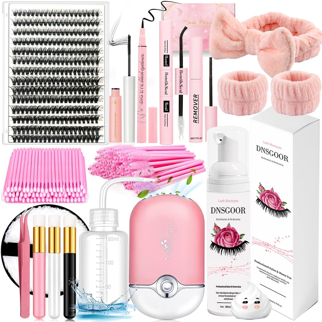 DNSGOOR DIY Lash Extension Kit – 280 Lashes, Bond & Seal, Cleanser, USB Lash Fan