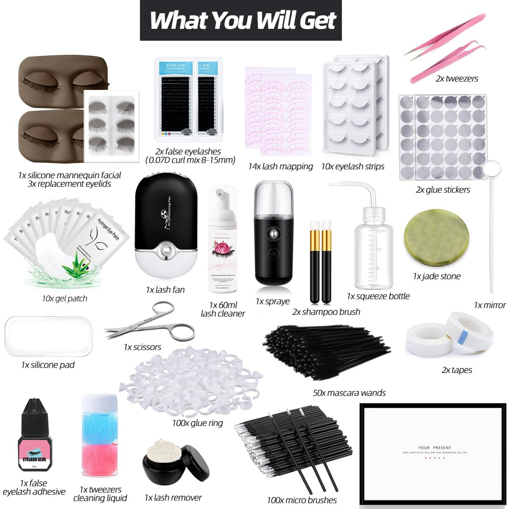 DNSGOOR Lash Extension Kit — Beginner Training with Mannequin Head, USB Fan, and Full Supplies