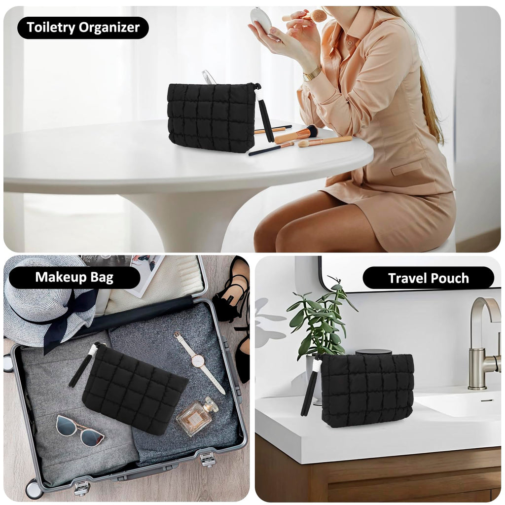 DOB SECHS Puffer Quilted Makeup Bag with Handle – Small Black Checkered Cosmetic Organizer