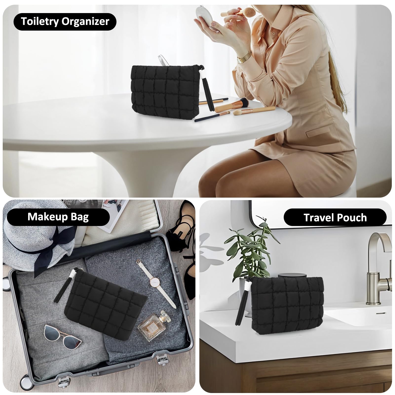 DOB SECHS Puffer Quilted Makeup Bag with Handle – Small Black Checkered Cosmetic Organizer