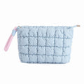 DOB SECHS Puffer Quilted Makeup Bag with Handle - Checkered Travel Cosmetic Pouch, Blue