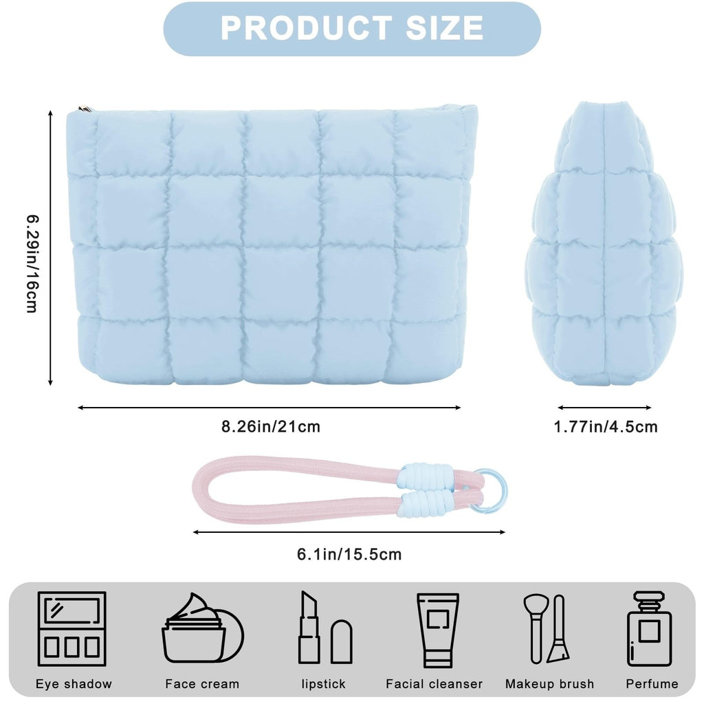 DOB SECHS Puffer Quilted Makeup Bag with Handle - Checkered Travel Cosmetic Pouch, Blue