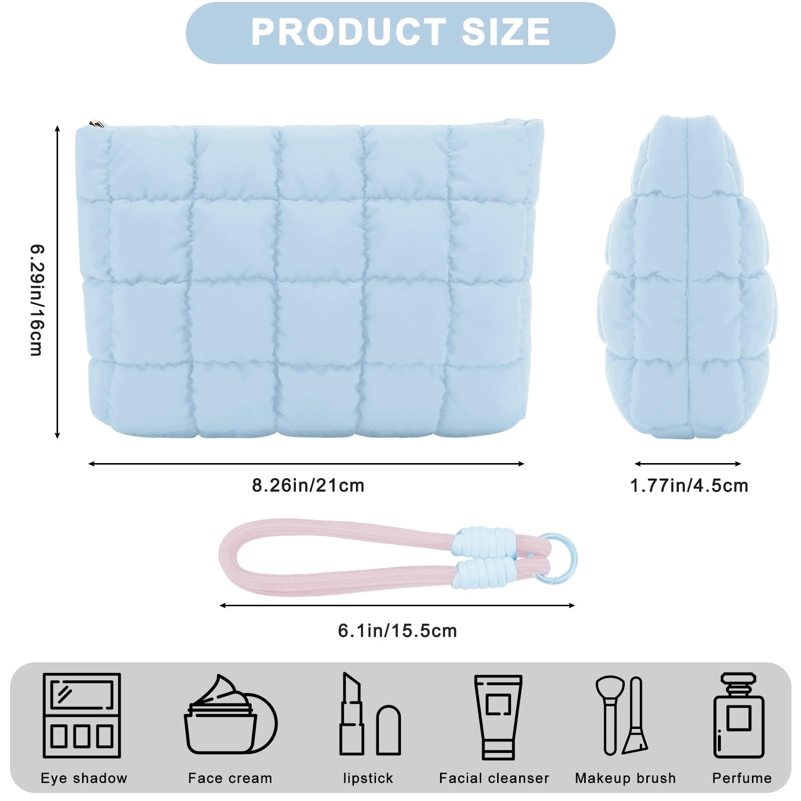 DOB SECHS Puffer Quilted Makeup Bag with Handle - Checkered Travel Cosmetic Pouch, Blue