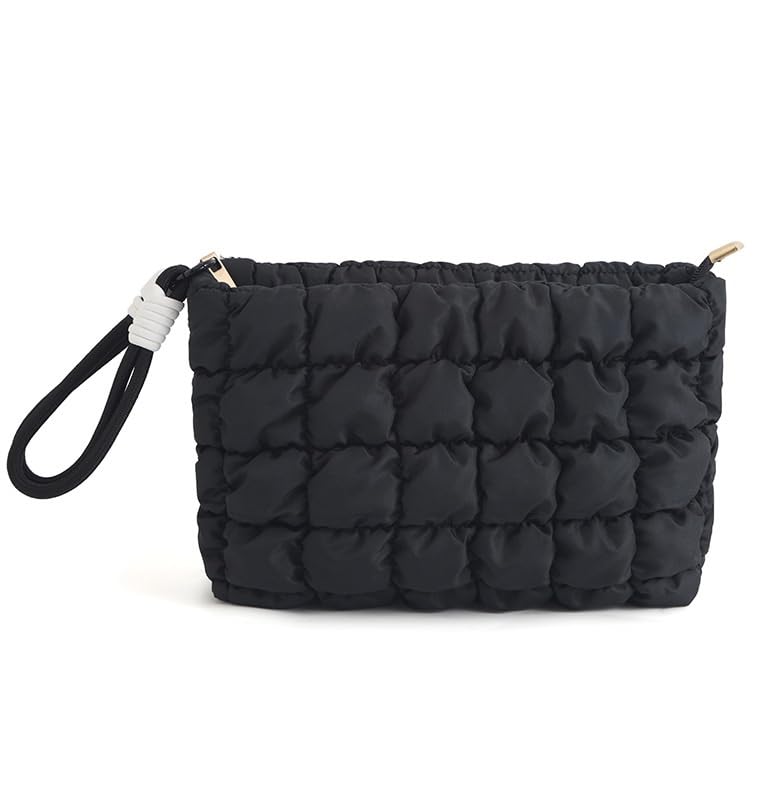 DOB SECHS Puffer Quilted Makeup Bag with Handle – Small Black Checkered Cosmetic Organizer
