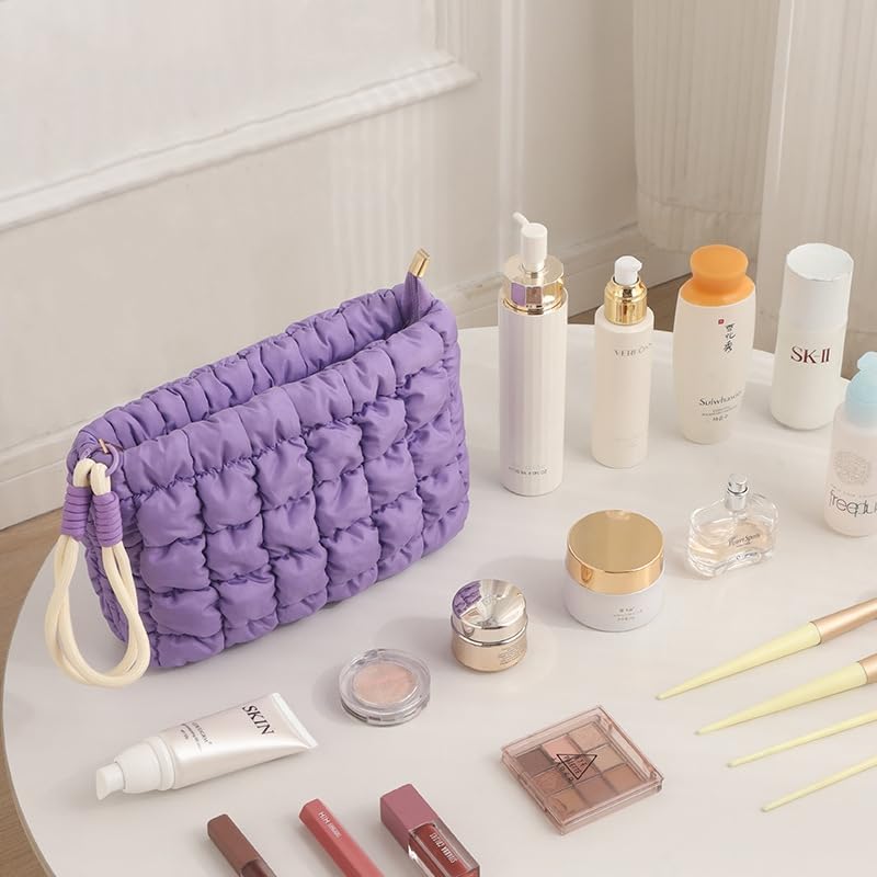 DOB SECHS Puffer Quilted Makeup Bag with Handle – Purple Checkered Cosmetic Pouch
