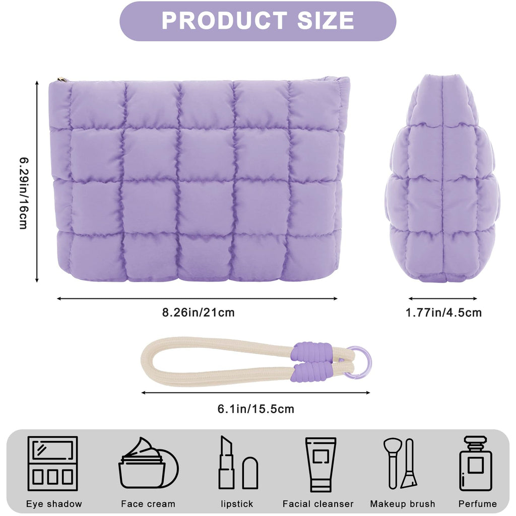 DOB SECHS Puffer Quilted Makeup Bag with Handle – Purple Checkered Cosmetic Pouch